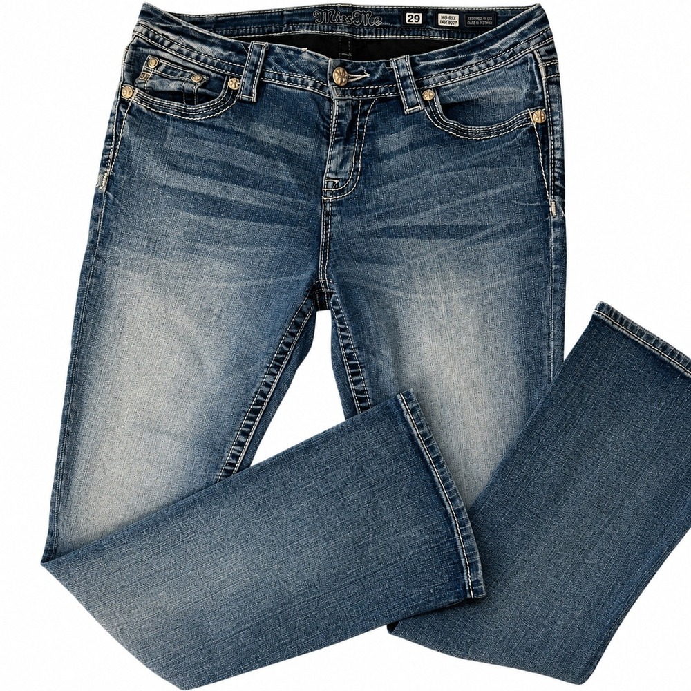 MISS ME Mid-Rise Easy Boot Embroidered Rhinestone Jeans 29